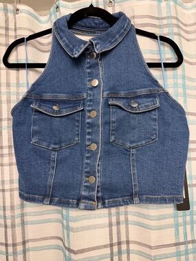 Haute Monde Blue Denim Button Front Sleeveless Jacket